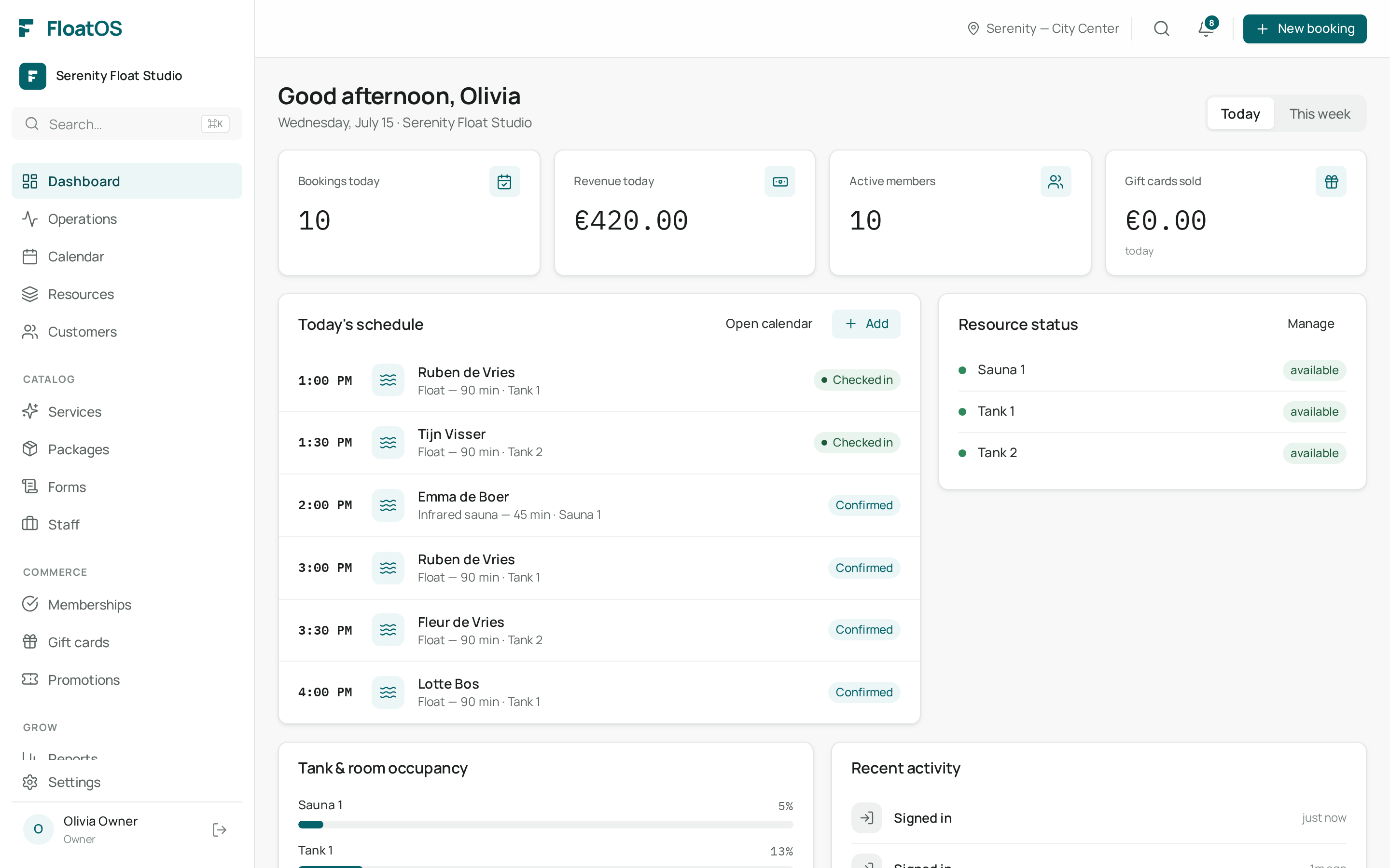 The FloatOS dashboard with numbered key figures
