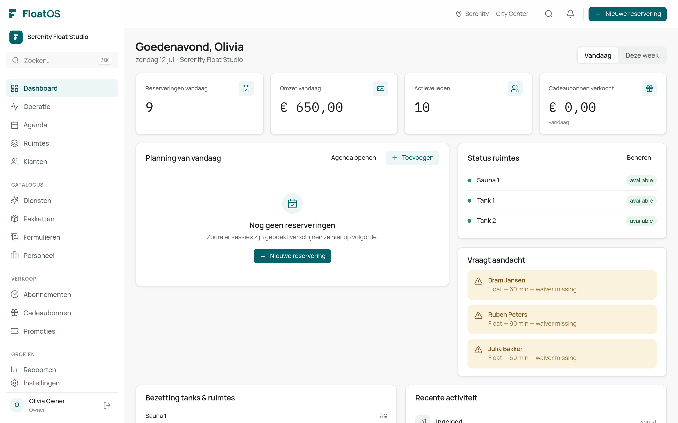 Het FloatOS-dashboard: reserveringen, omzet en ruimtestatus van vandaag in één oogopslag